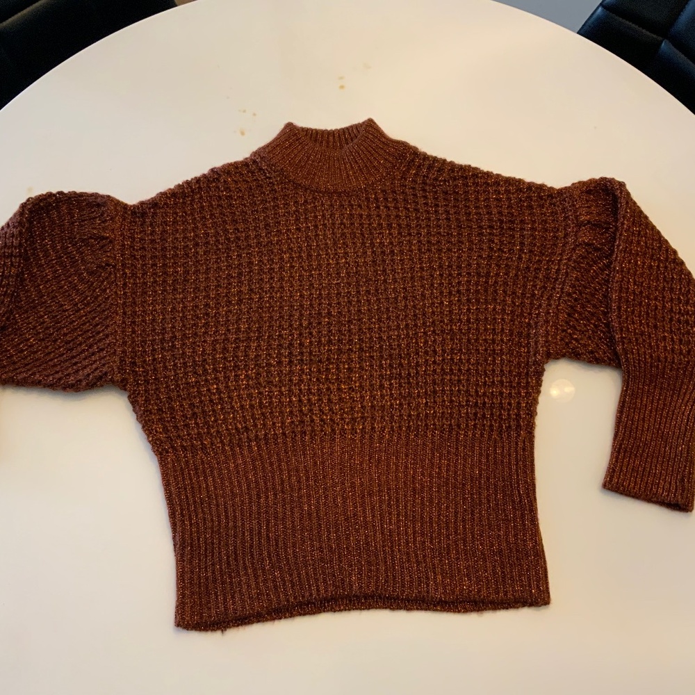 Express Brown Metallic Knit Sweater | Puff Sleeve Mock Neck | Size M